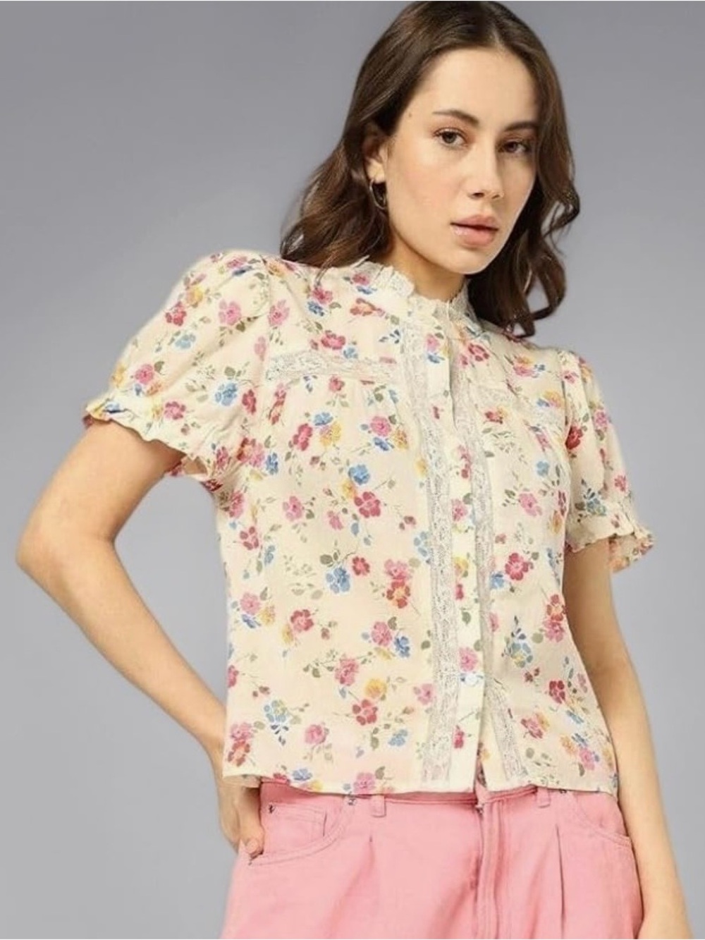 GAP Relaxed Lace Puff Sleeve Top Cream Floral Lace-Trim Short Sleeve Blouse
